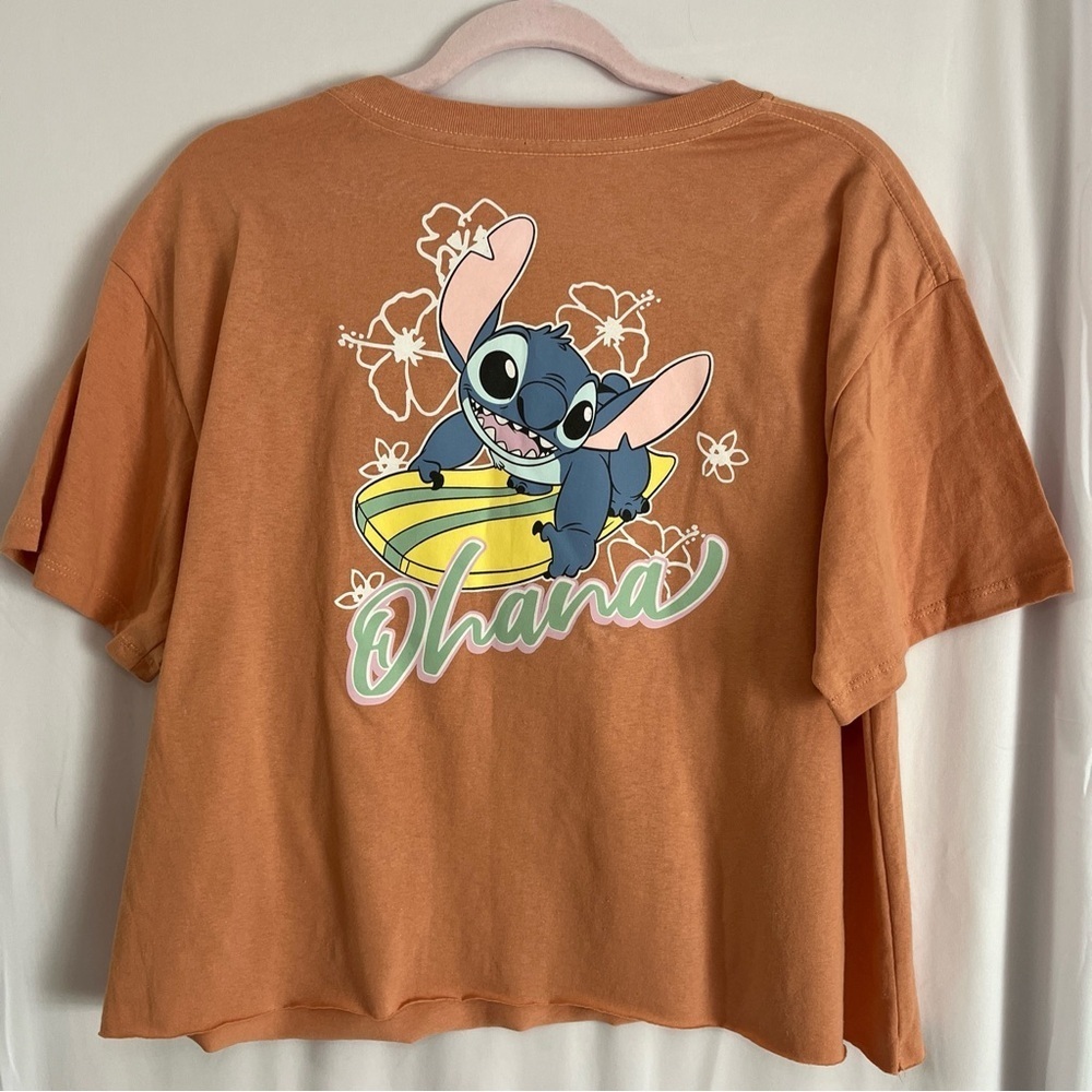 DISNEY, STITCH TEE SHIRT, Logo Front & Back, Adult L, Peach/Coral, Cropped Ohana - Picture 2 of 9